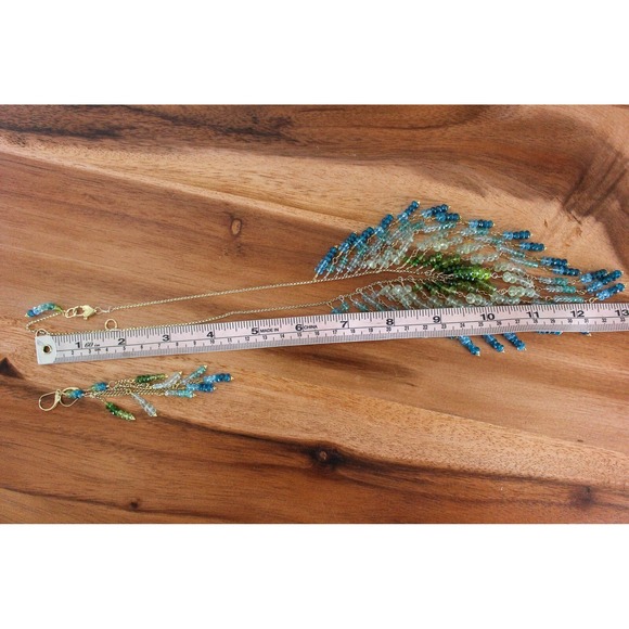 Blue Green Ombre Seed Bead Fringe Statement Necklace Pierced Earring Jewelry Set - Picture 6 of 11